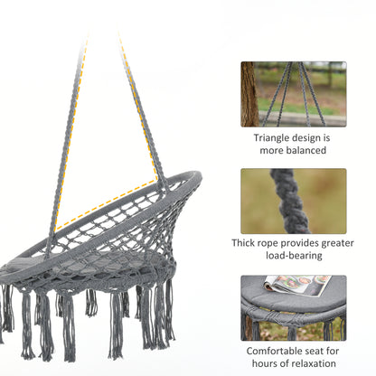 Outdoor Cotton-Polyester Blend Macrame Hanging Rope Chair with Cushion, Portable Garden Chair with Fringe Tassels for Patio