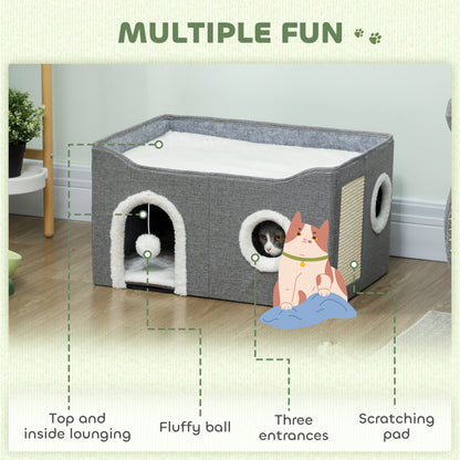 Cat Bed for Indoor Pets, Foldable Cat House with Fluffy Ball and Scratch Pad for Small and Medium Pets, Grey