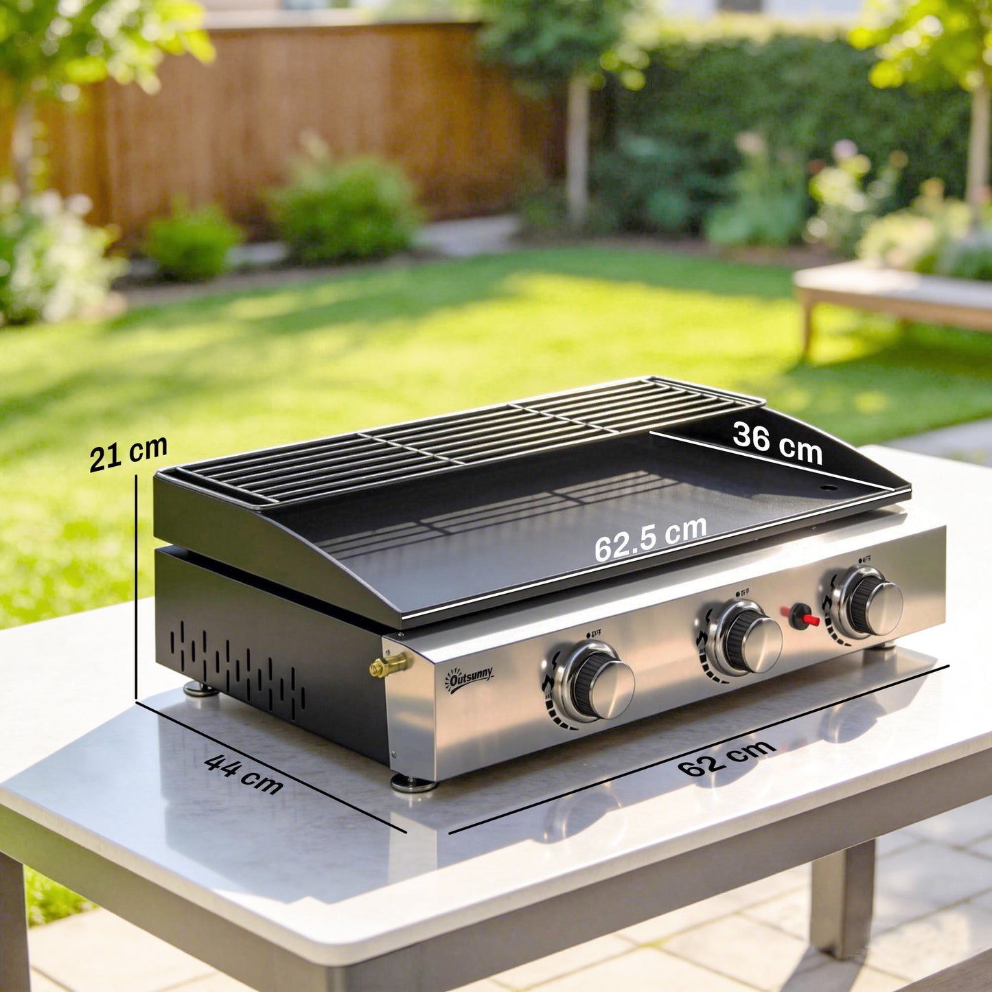 3 Burner Grill Griddle, Portable Gas Plancha with Warming Rack, 7.5 kW, Tabletop Gas BBQ with Grease Cup, Black