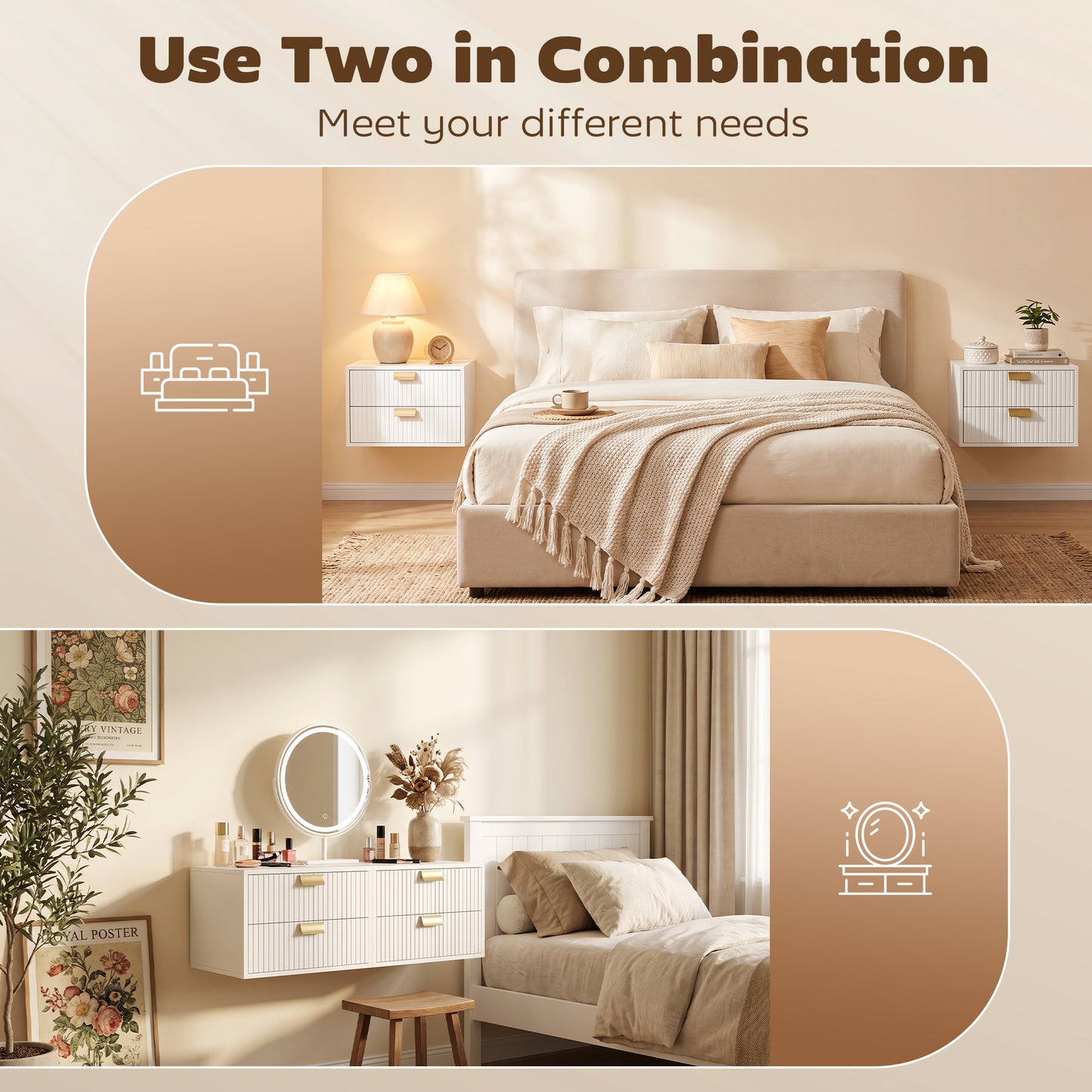Modern Floating Nightstands Set of 2, Wall Mounted Bedside Tables with 2 Drawers, White