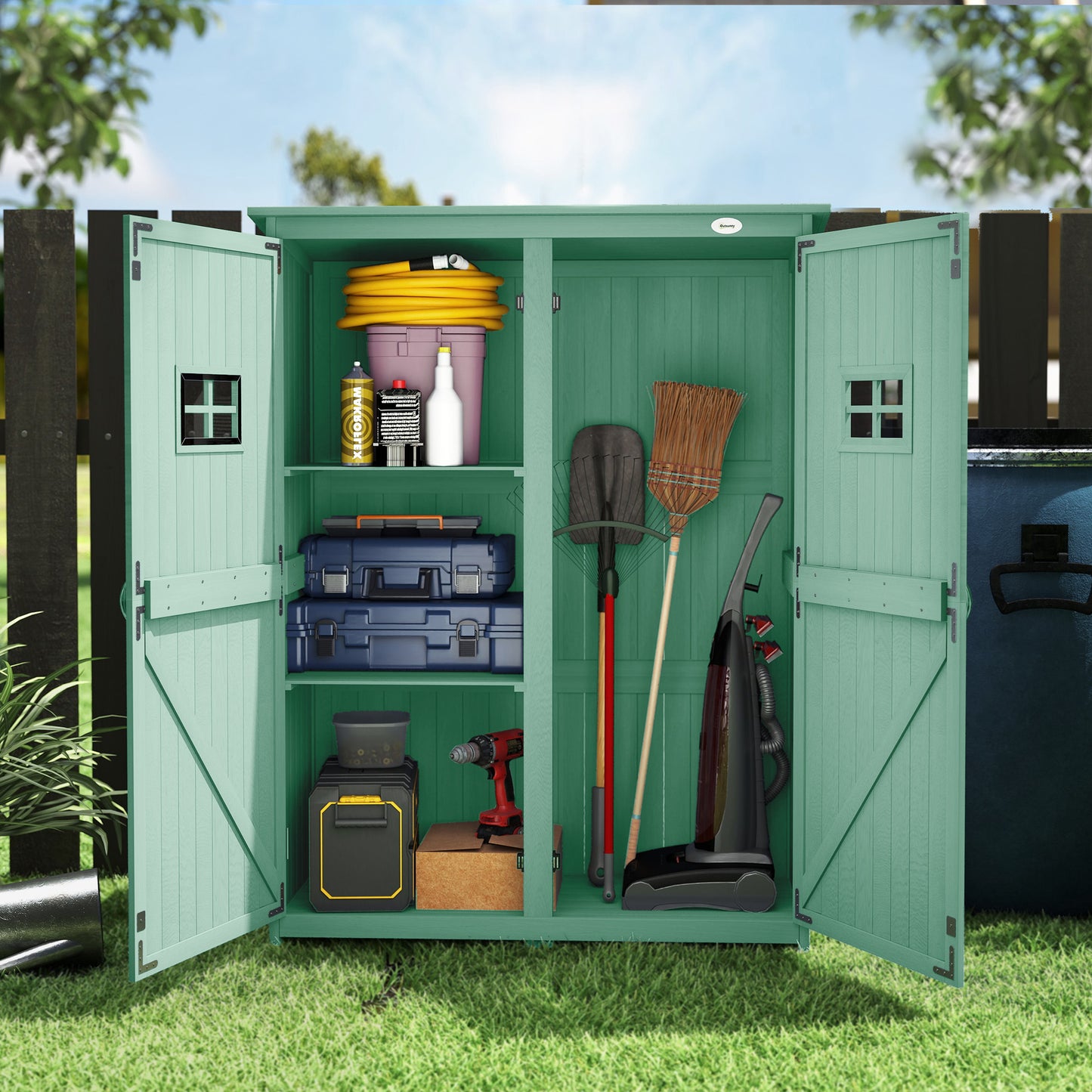 Wooden Garden Shed with Two Windows, Tool Storage Cabinet, Outdoor Double Door organiser 127.5L x 50W x 164H cm, Green