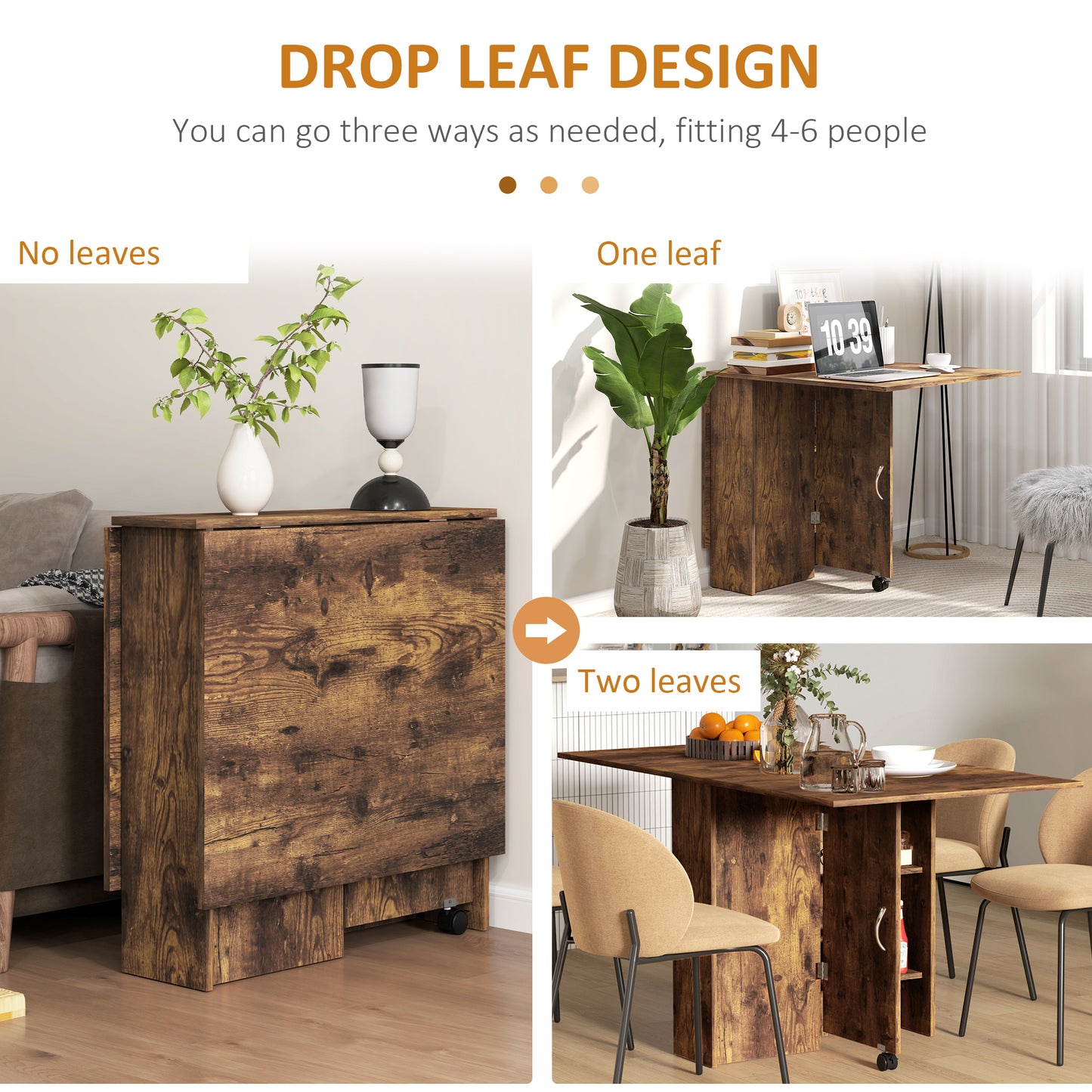 80-140 cm Folding Dining Table for 4-6 People, Drop Leaf Table with 2-Tier Shelves, Rolling Casters, Rustic Brown