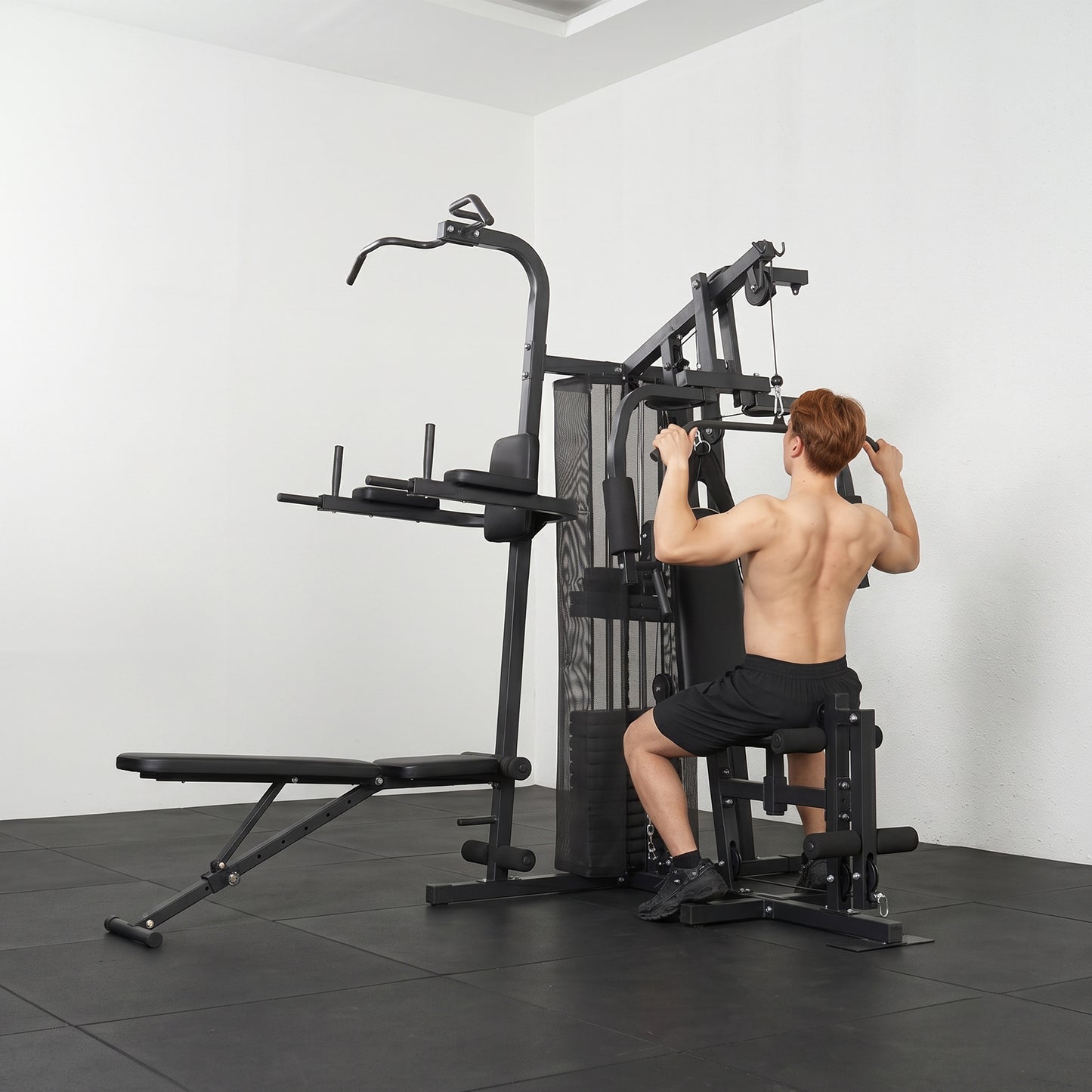 All-in-One Home Gym Machine, Multifunctional Power Cage with 69 kg Weight Stack and Pulley System, Black