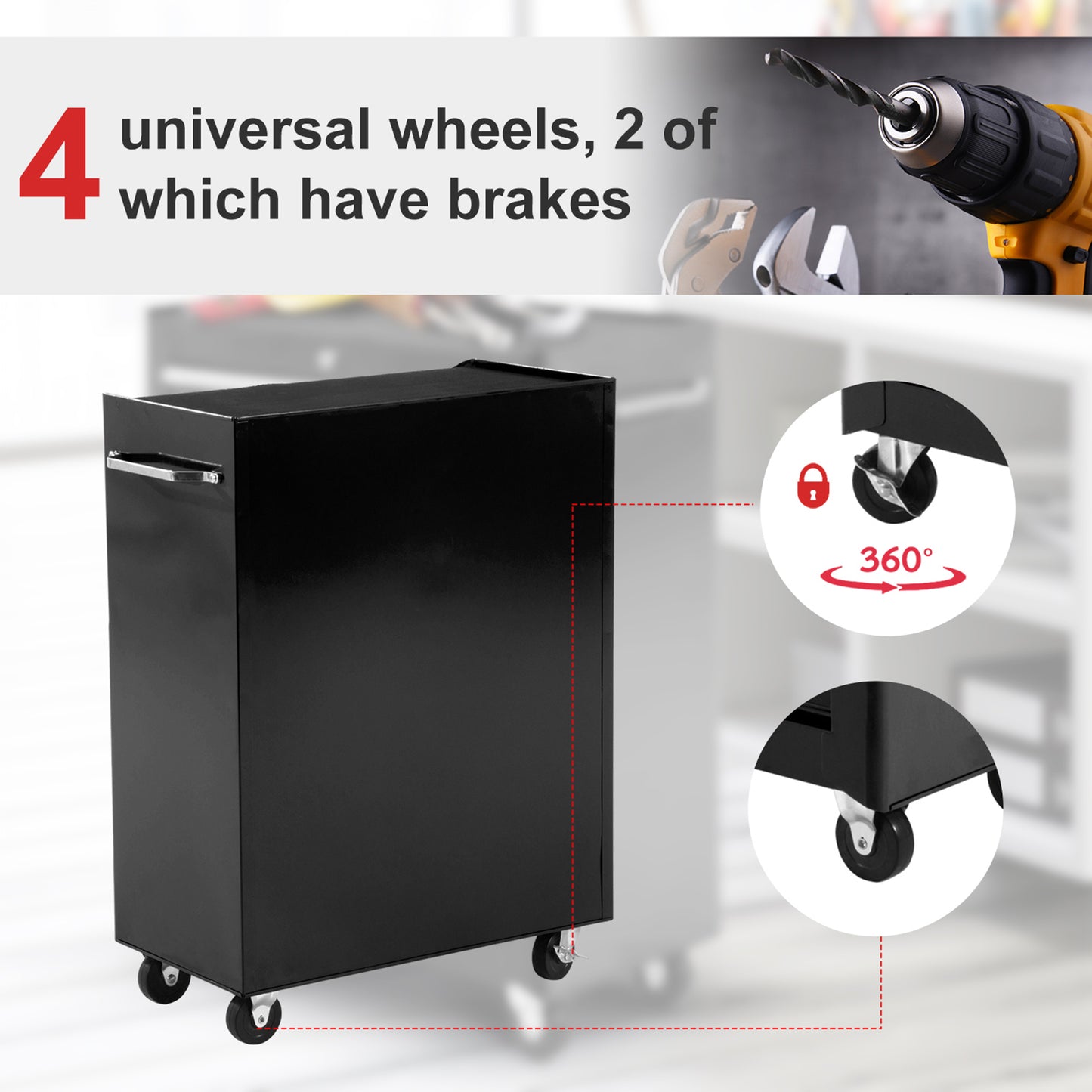 5-Drawer Tool Box on Wheels, Lockable Tool Storage Cabinet with EVA Pat, Black