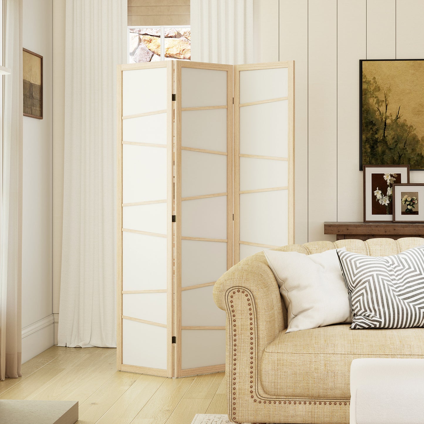 Wooden Folding Privacy Screen, 3 Panel Room Divider for Bedroom, Natural Wood Finish