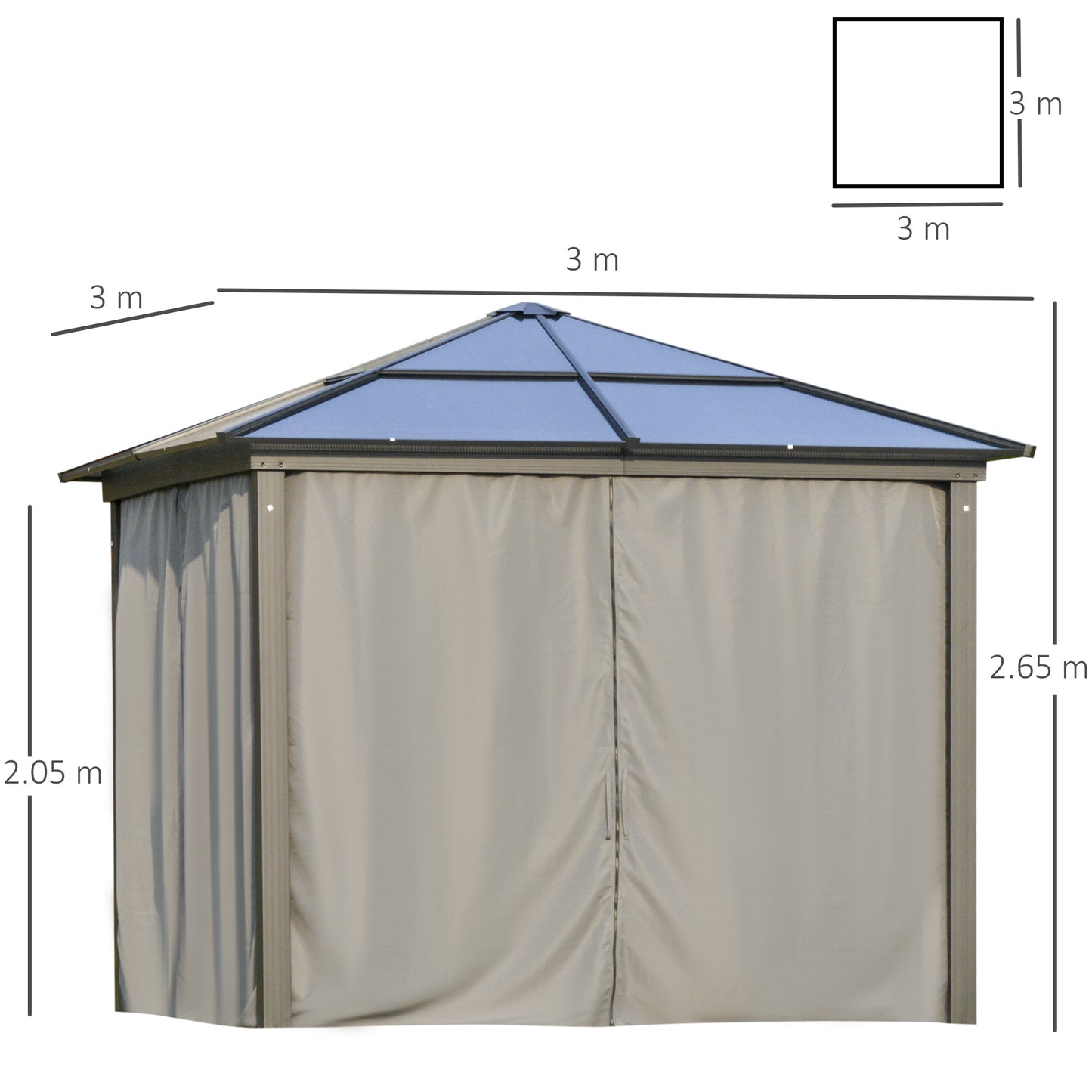 3 x 3(m) Hardtop Gazebo Canopy with Polycarbonate Roof, Aluminium Frame, Permanent Pavilion Garden Gazebo