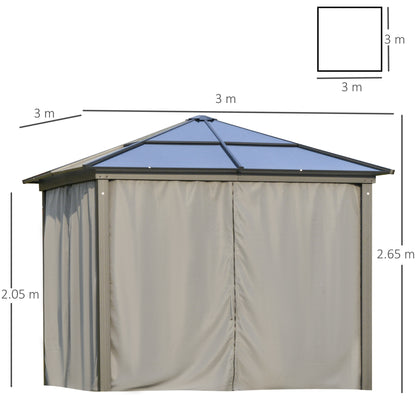 3 x 3(m) Hardtop Gazebo Canopy with Polycarbonate Roof, Aluminium Frame, Permanent Pavilion Garden Gazebo