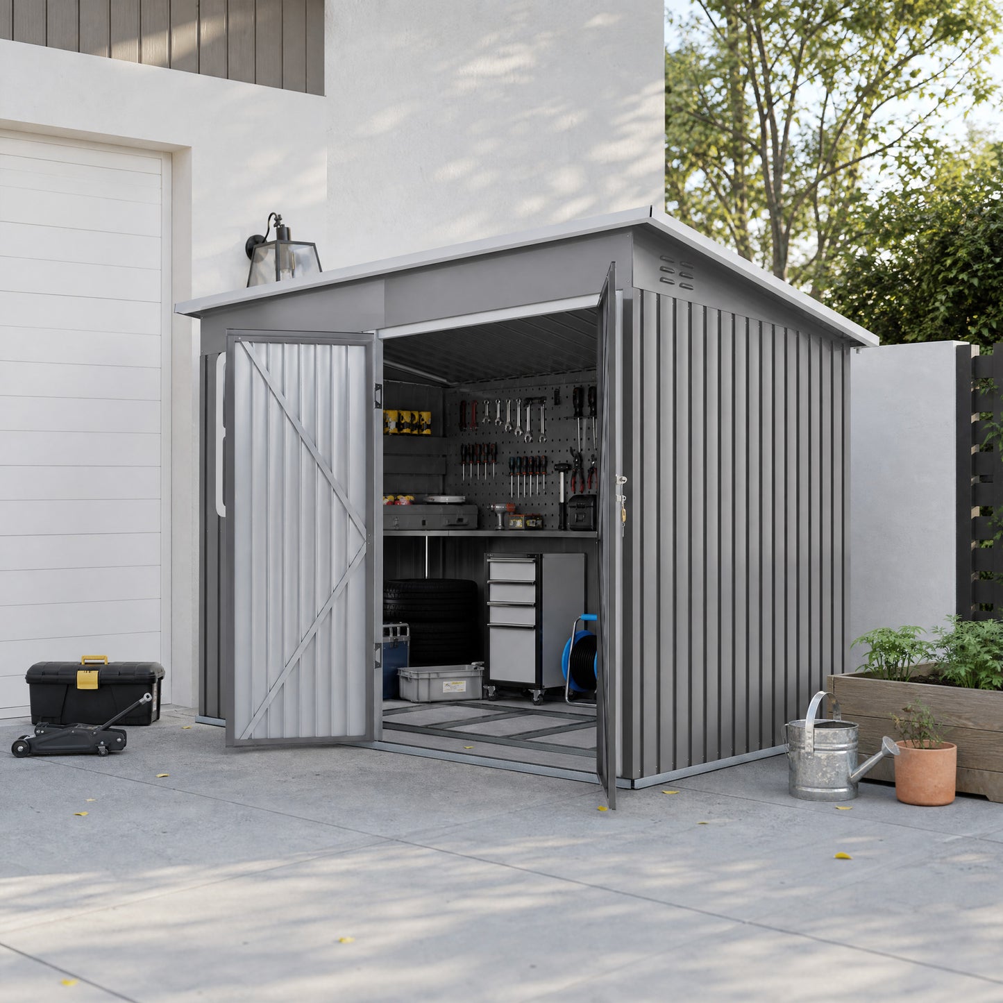 8.5 x 6ft Storage Shed Galvanised Steel Garden Shed, Metal Shed with Foundation Kit, Window