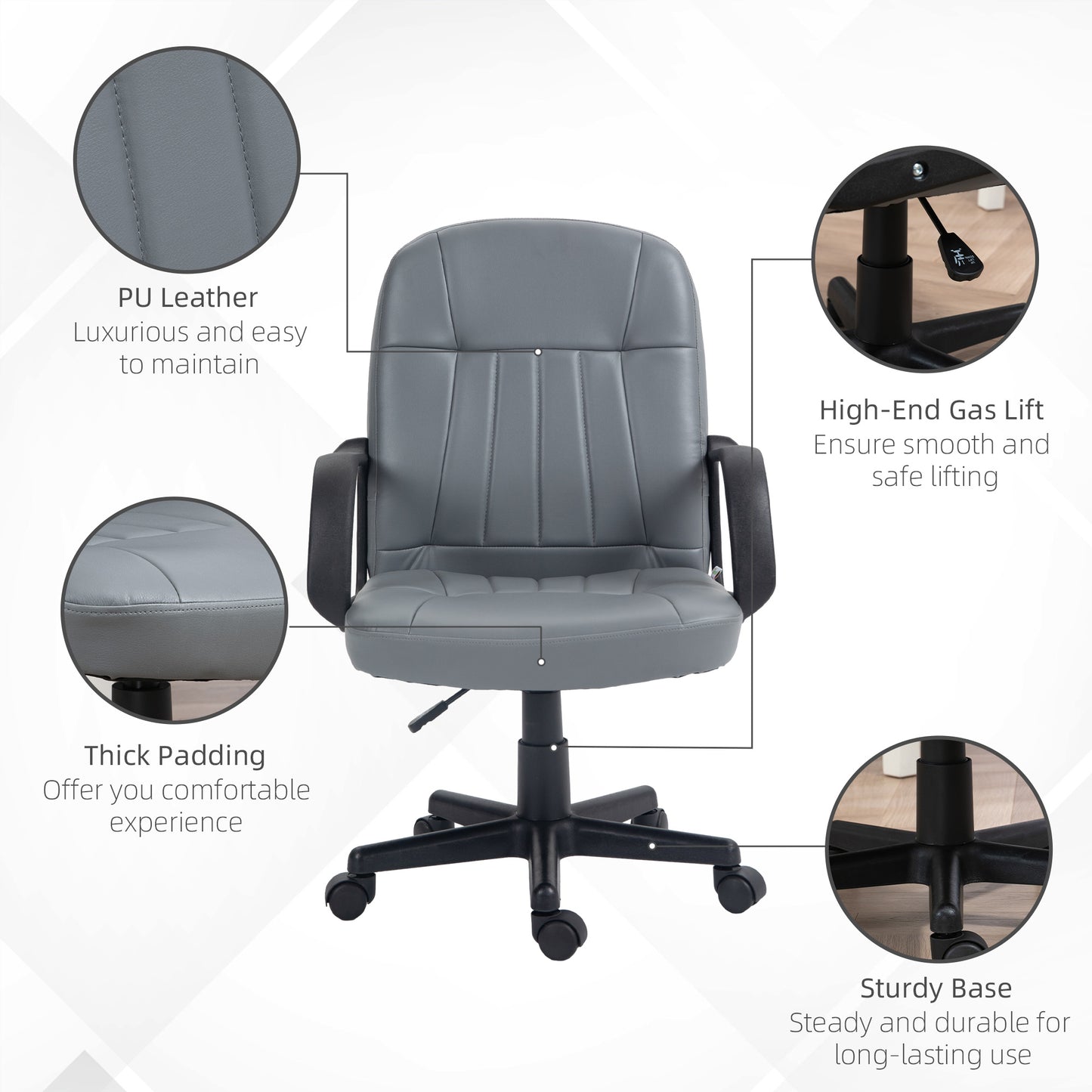 Desk Chair, PU Leather Computer Office Chair with Adjustable Height, Swivel Wheels for Home Work Study, Grey