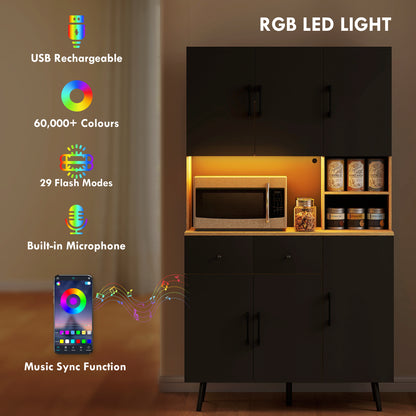 176 cm Kitchen Cupboard with LED Lights - Oak and Black