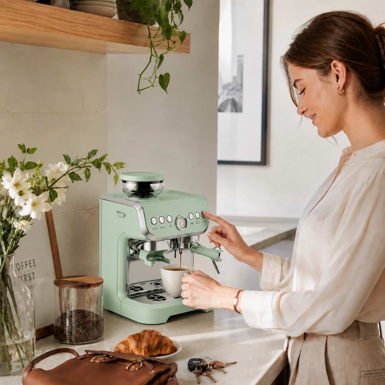 15 Bar Coffee Machine, with Adjustable Grind, Steamer and Accessories - Light Green