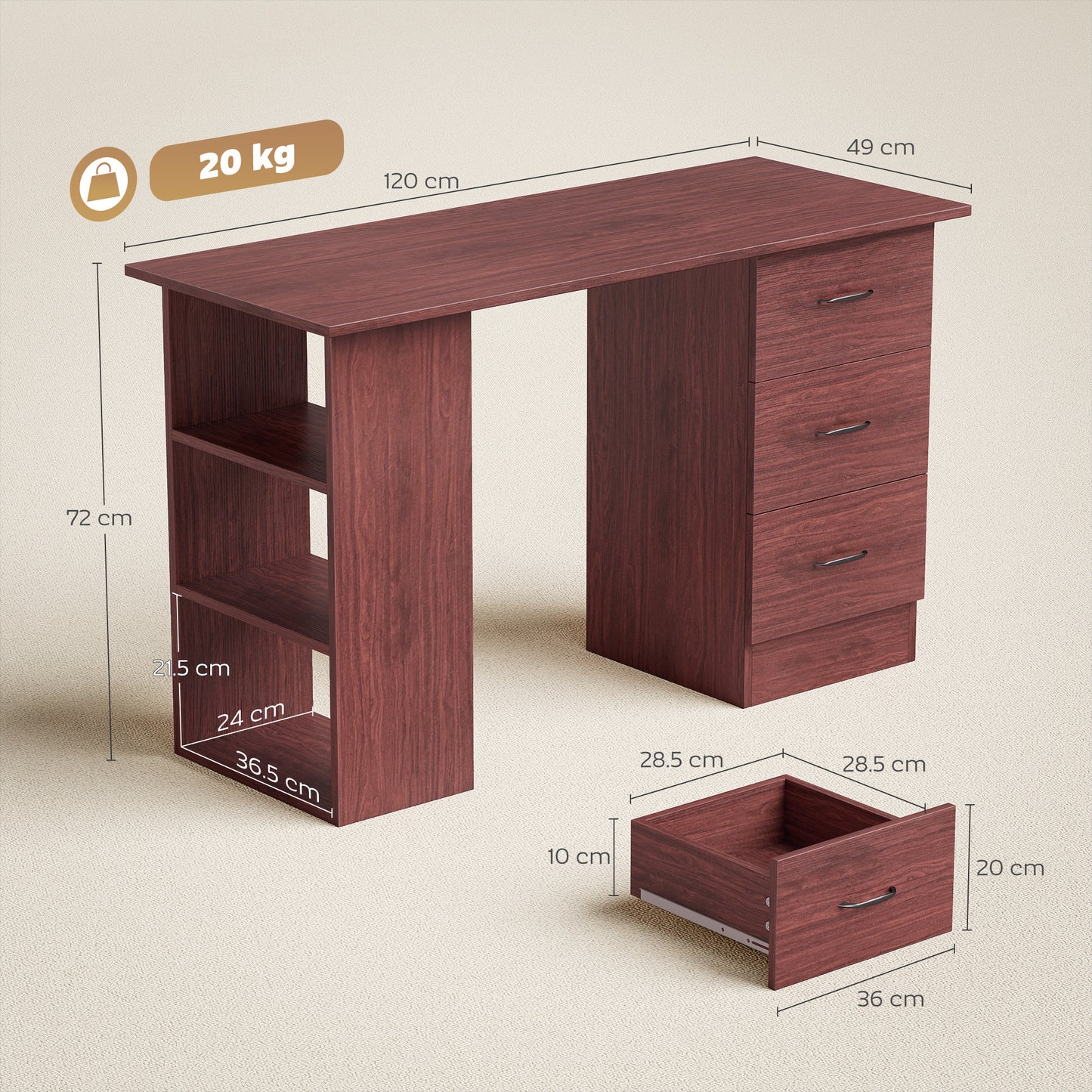 Computer Desk, Writing Table, PC Workstation with 3 Storage Shelves and Drawers, Handle, for Home Office, Walnut Brown