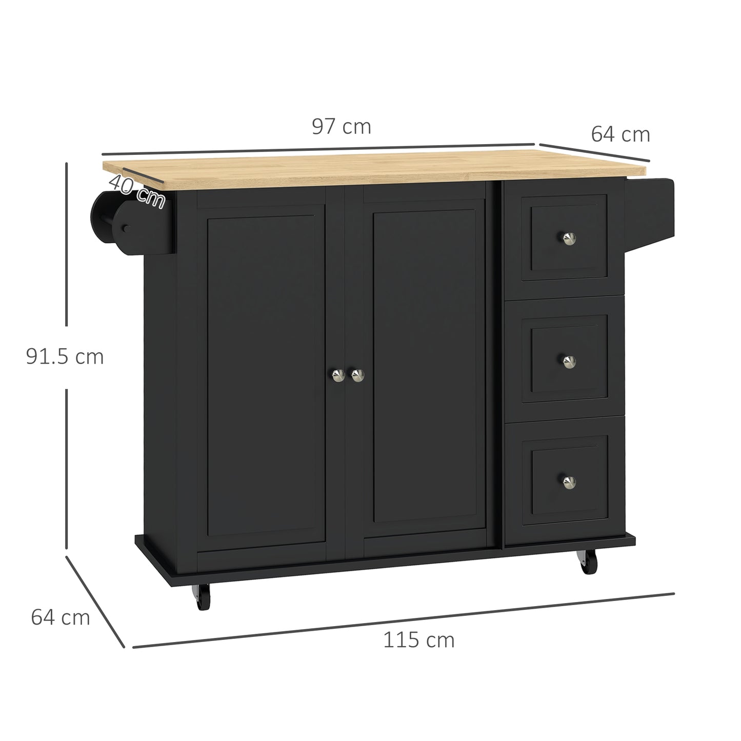 Kitchen Island with Drop Leaf, Rolling Kitchen Storage Trolley on Wheels with 3 Drawers, Black