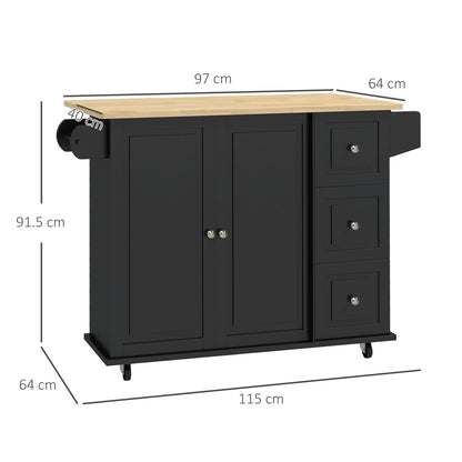 Kitchen Island with Drop Leaf, Rolling Kitchen Storage Trolley on Wheels with 3 Drawers, Black