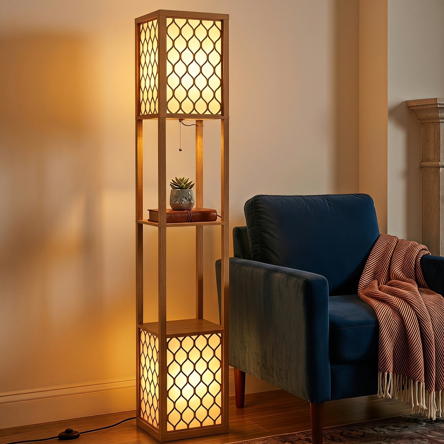 Floor Lamp with Shelves, Modern Tall Standing Lamp with Fabric Lampshades, Zipper Switch, Natural Wood Finish