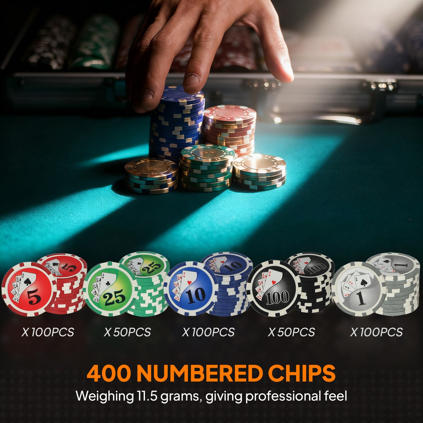 400-Piece Poker Chips Set with Lightweight ABS Case, Casino Texas Holdem Poker Set with Mat, 11.5g Numbered Poker Chips