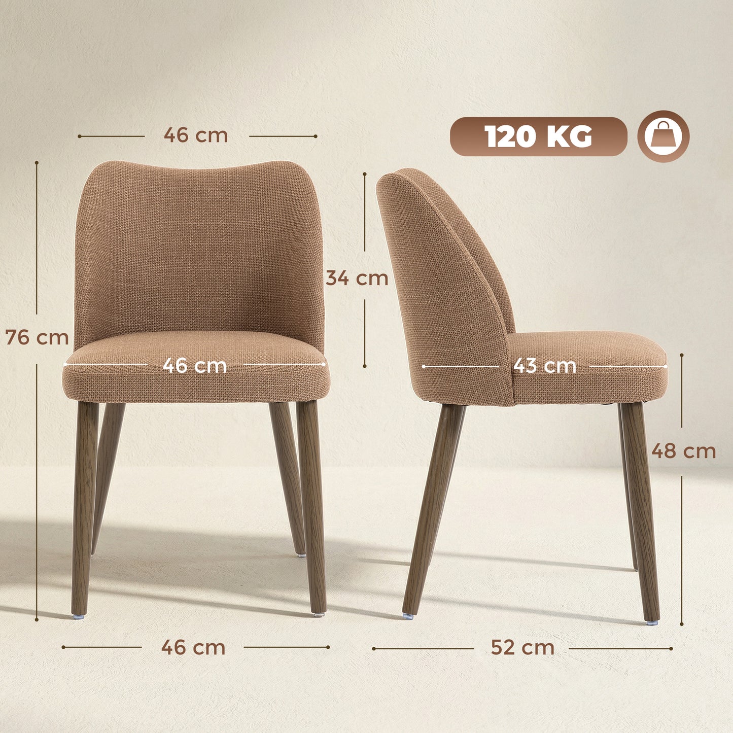 Dining Chairs Set of 2, Linen Upholstered Kitchen Chairs with Padded Seat, Curved Backrest, Rubberwood Legs, Brown