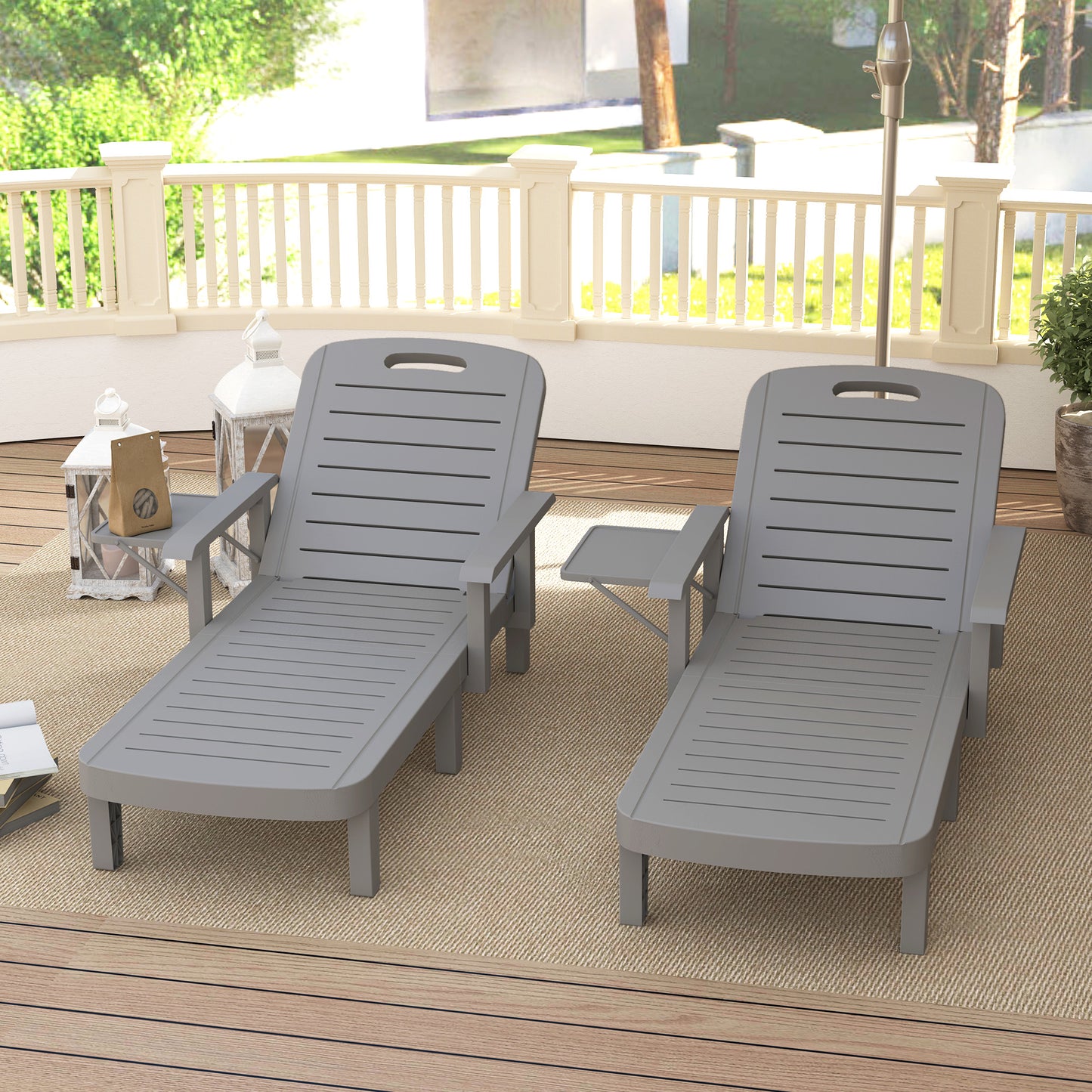 Set of 2 Reclining Sun Loungers, 5 Positions Adjustable Outdoor Chaise Lounge Chair with Armrests, Dark Grey