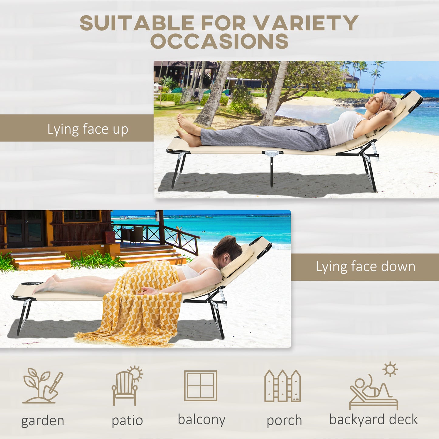 Folding Sun Loungers Set of 2 with Face Hole, 4-Position Adjustable Backrest Garden Recliner Chairs Sunbeds