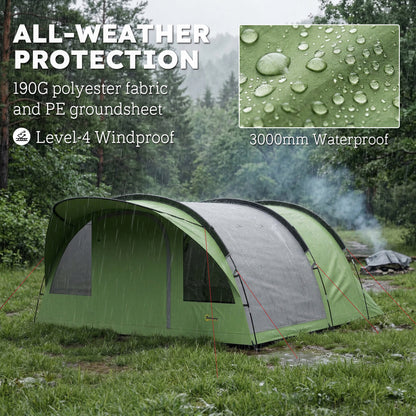 4 Person Easy Setup Family Camping Tent with 2 Rooms, Waterproof Tunnel Tent w/ Sewn In Groundsheet, Green & Grey