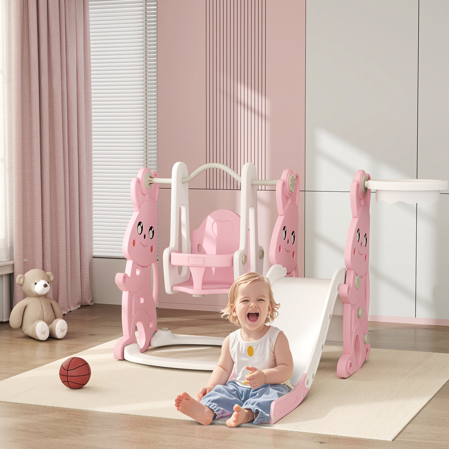 4 in 1 Kids Slide and Swing Set with Climber, Basketball Hoop, Rabbit-Themed, Pink