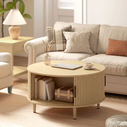 Coffee Table with Lift Top and Hidden Storage, Round Centre Table with Fluted Sliding Door, 80 cm, Natural Wood