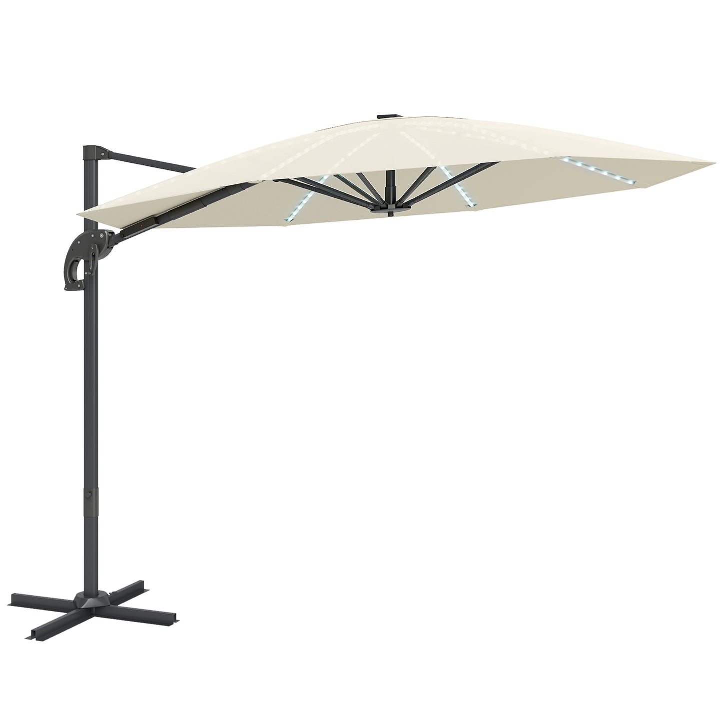 3(m) Cantilever Garden Parasol with Solar Powered Lights, Crank Handle & Cross Base, UPF 50+, 360° Rotation, Cream
