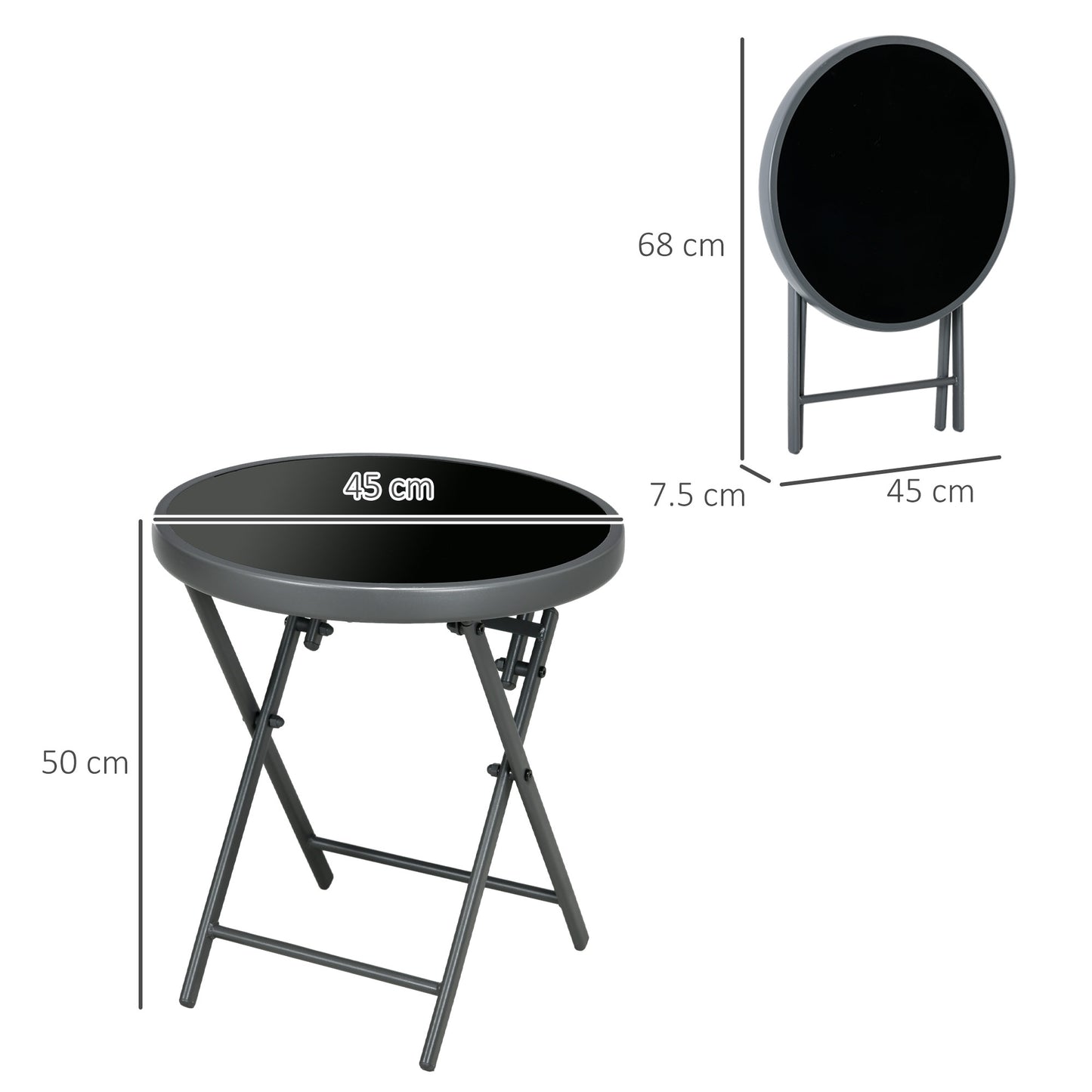 Φ45cm Garden Side Table, Outdoor Round Folding Patio Table with Imitation Marble Glass Top, Small Coffee Table, Black