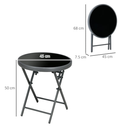 Φ45cm Garden Side Table, Outdoor Round Folding Patio Table with Imitation Marble Glass Top, Small Coffee Table, Black