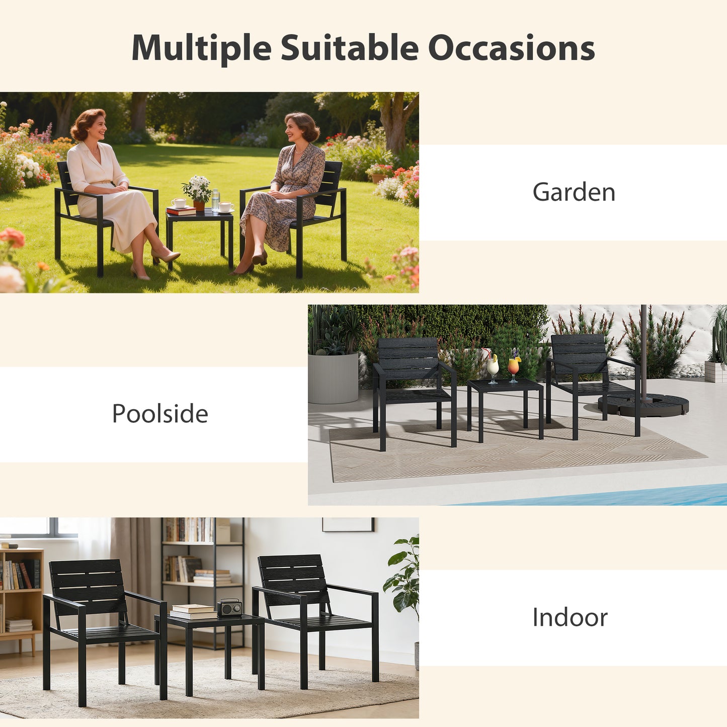 3 Pieces Garden Bistro Set for 2, Outdoor Bistro Table and Chairs with Metal Frame, Plastic Patio Furniture Set
