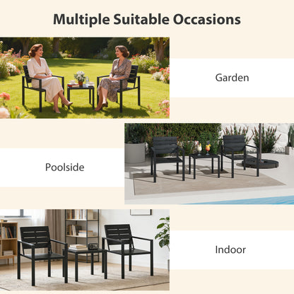 3 Pieces Garden Bistro Set for 2, Outdoor Bistro Table and Chairs with Metal Frame, Plastic Patio Furniture Set