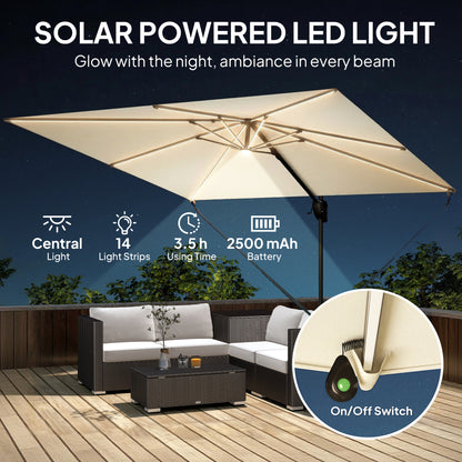 3 x 3 m Garden Cantilever Parasol w/ Light, Cover, UPF50+ Patio Umbrella w/ Wind Protection, 360° Rotation, Cream White