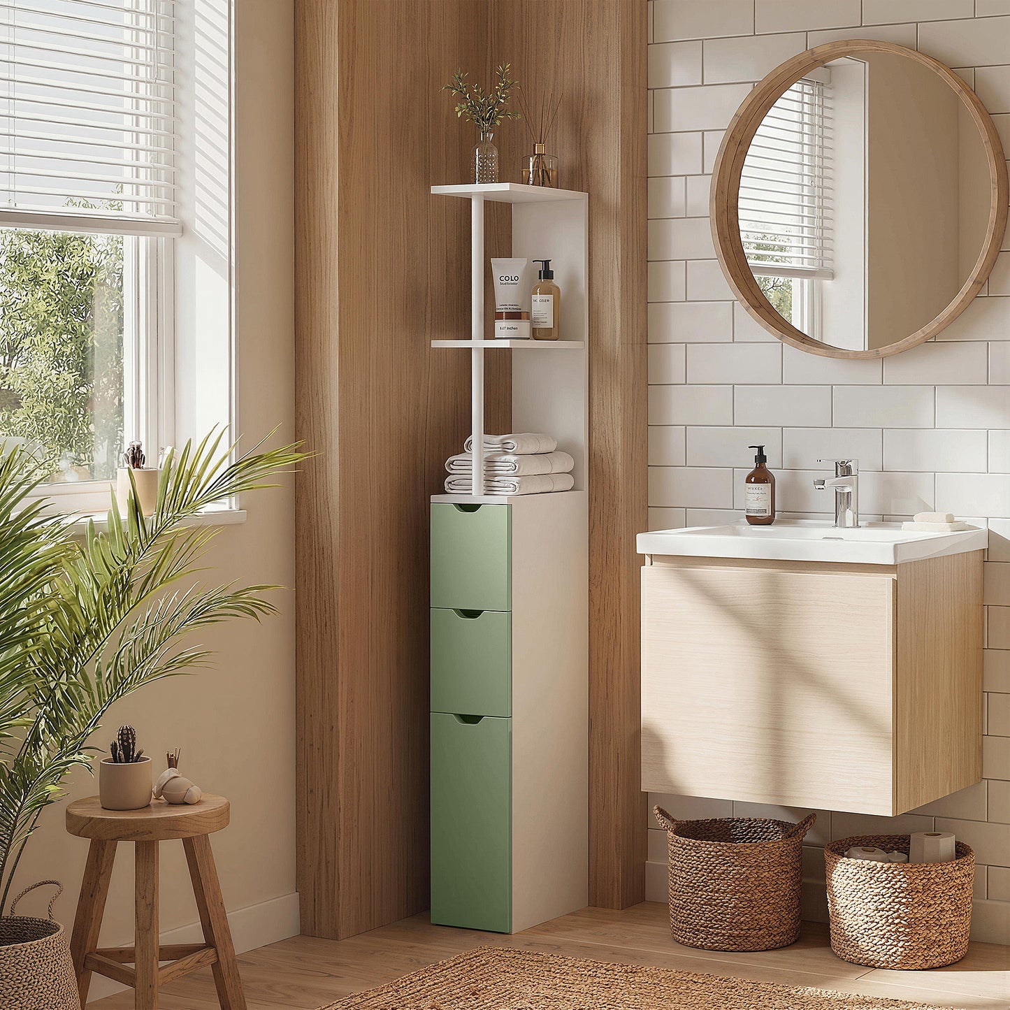 Slim Bathroom Storage Cabinet, Tall Bathroom Floor Cabinet with 2-Tier Shelf and 2 Drawers, White and Light Green