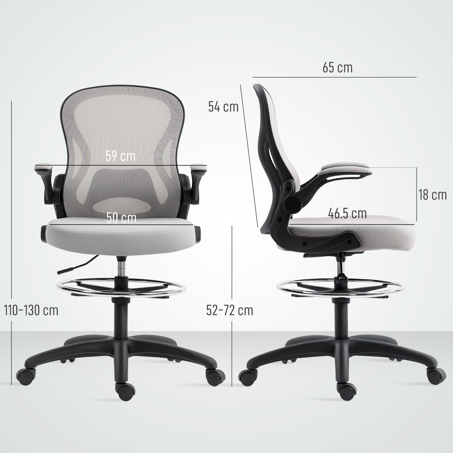Adjustable Mesh Standing Desk Chair with Flip-up Armrests Lumbar Support Armrests Adjustable Footrest Ring Grey