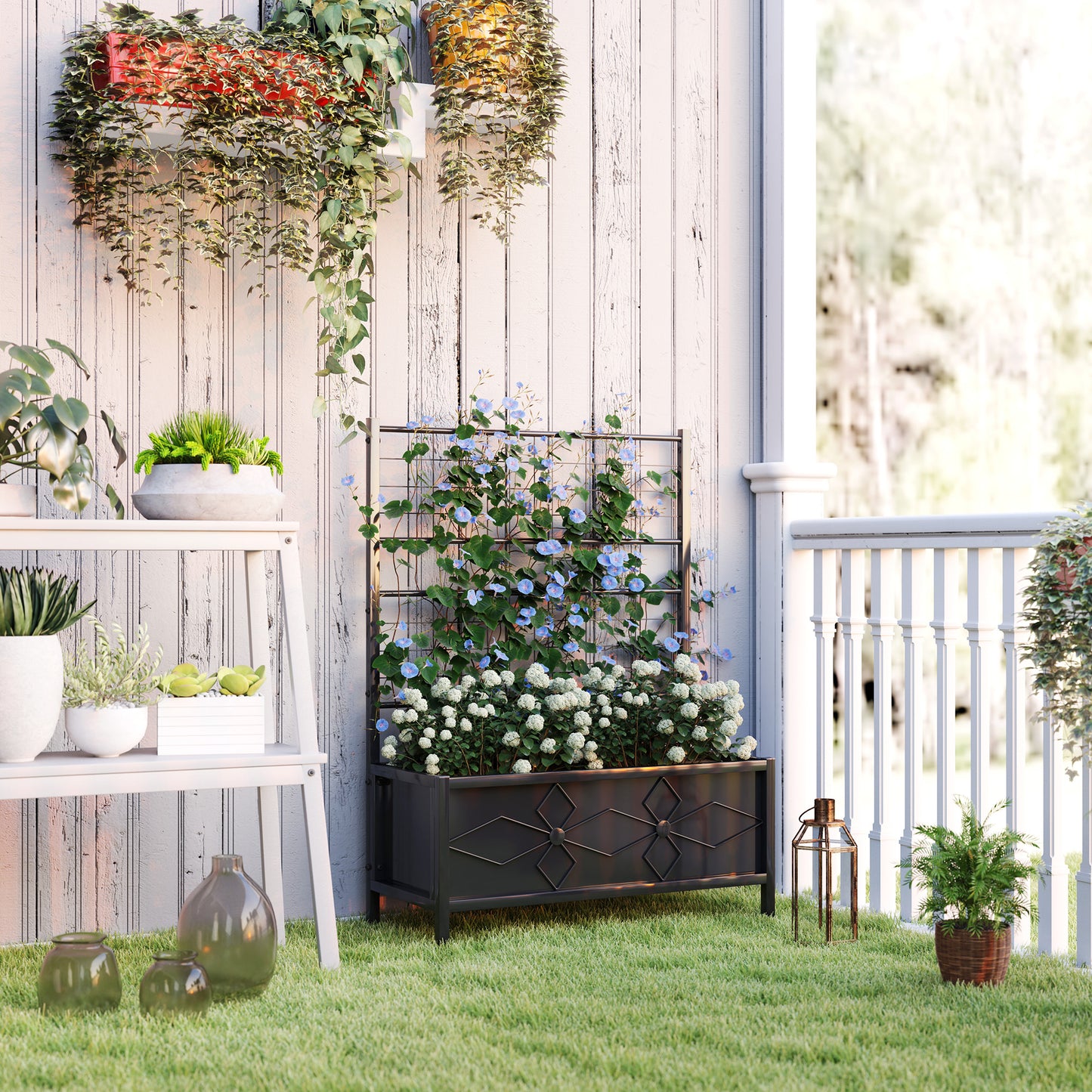 Raised Bed for Garden with Trellis, Galvanised Planter Box with Diamond Pattern, Drainage Holes for Vegetables
