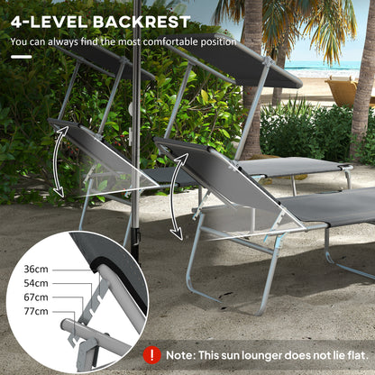 Folding Sun Lounger Set of 2 with Canopy, Reclining Sunbed with 4-Position Adjustable Backrest, 600D Oxford Cloth