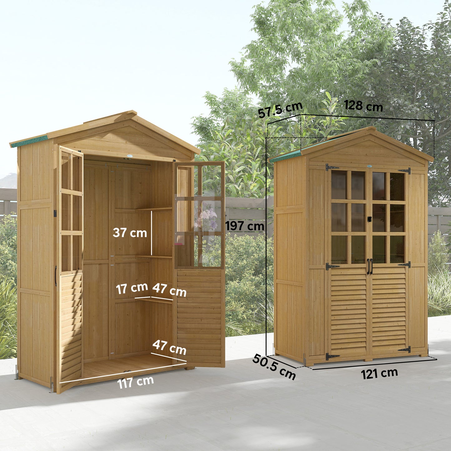 Outdoor Wooden Storage Cabinet, Garden Tool Shed with Acrylic Windows for Patio, Light Brown