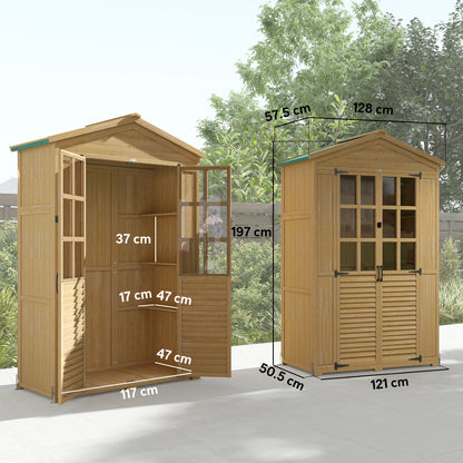 Outdoor Wooden Storage Cabinet, Garden Tool Shed with Acrylic Windows for Patio, Light Brown