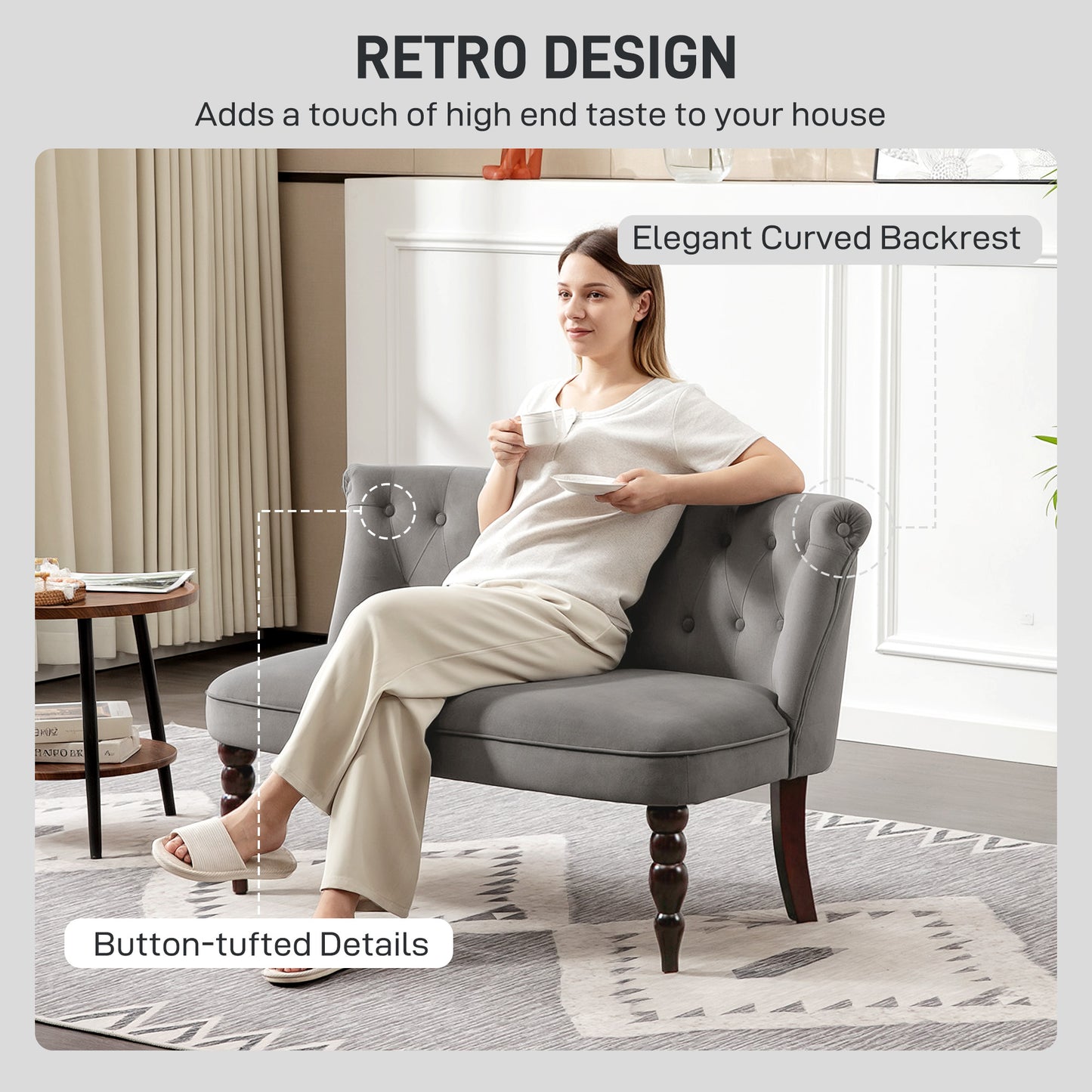 Velvet 2 Seater Sofa, Button Tufted Wingback Loveseat with Rubber Wood Legs for Living Room, Bedroom, Charcoal Grey