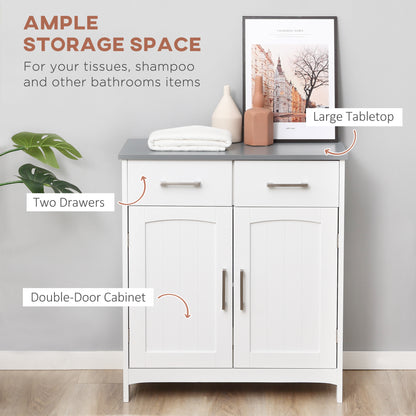 Freestanding Bathroom Cabinet, Storage Cupboard with 2 Drawers, Double Doors, Adjustable Shelf, White
