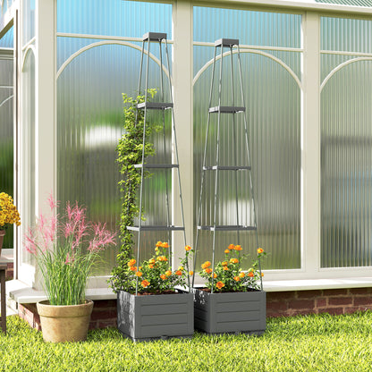 2 Pack Raised Garden Bed with Trellis, Plastic Outdoor Planter Box with Removable Drainage Tray
