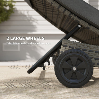 Patio Wicker Chaise Lounge Chair, Outdoor PE Rattan Sun Lounger with Adjustable Backrest and 2 Wheels, Dark Grey