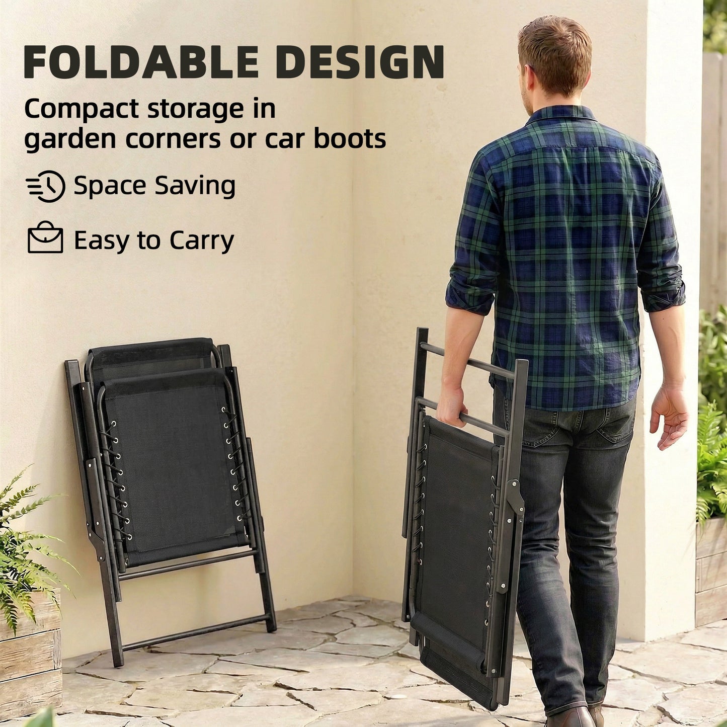 Folding Garden Chairs Set of 2, Outdoor Dining Chairs with Wide Texteline Seat, High Back and Armrests, Black