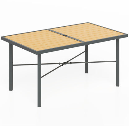 Garden Table for 6, 150 cm Rectangular Outdoor Dining Table with 5 cm Umbrella Hole, Wood Effect Top, Rust Resistant Frame