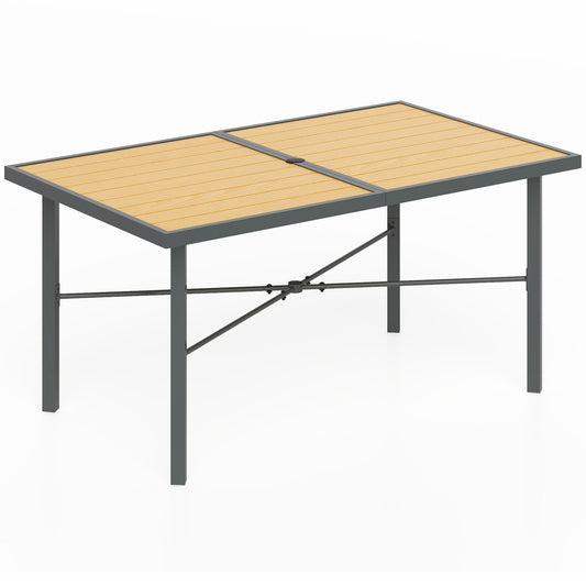Garden Table for 6, 150 cm Rectangular Outdoor Dining Table with 5 cm Umbrella Hole, Wood Effect Top, Rust Resistant Frame