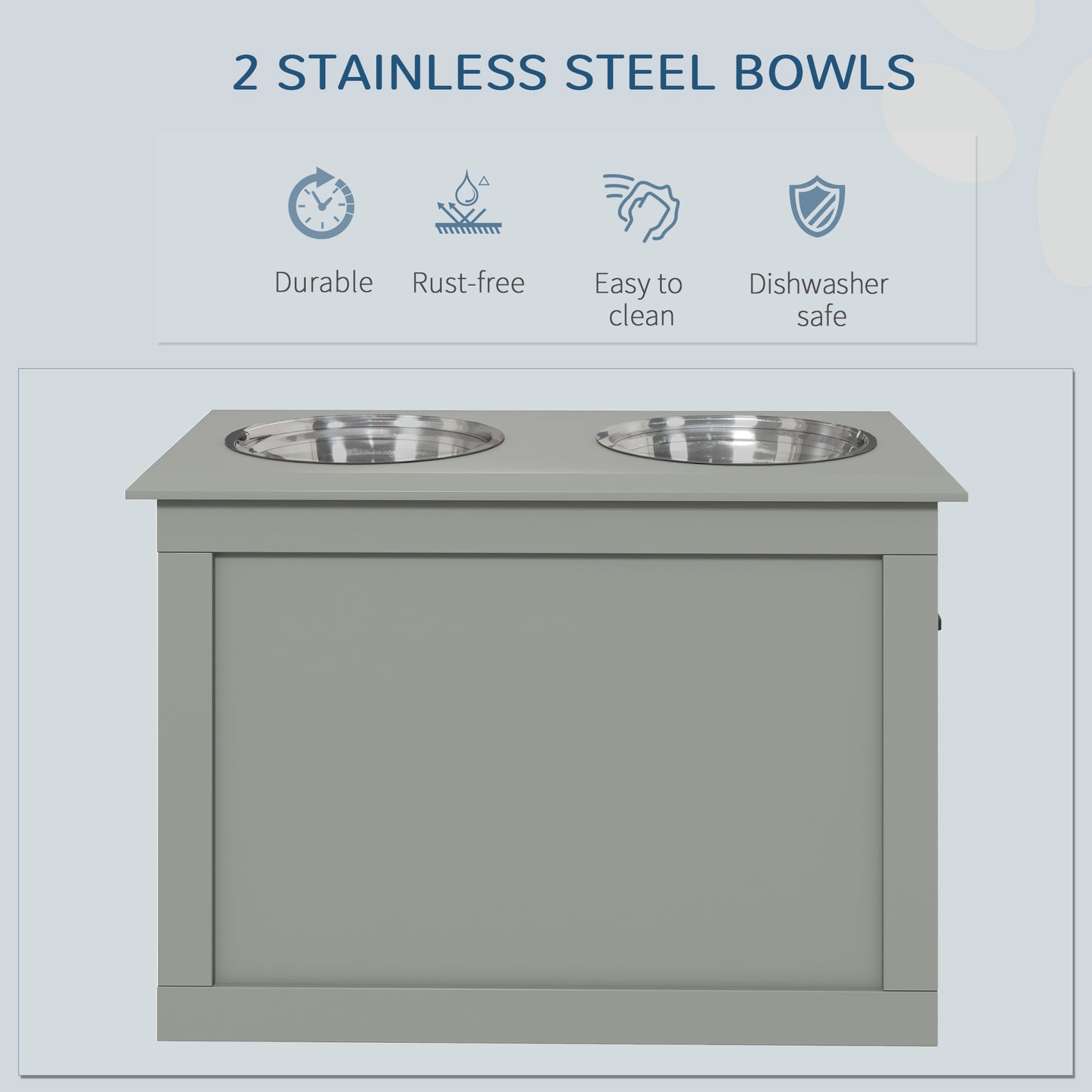 Raised Dog Bowls, with Storage, Two Stainless Steel Bowls, Elevated Base - Grey