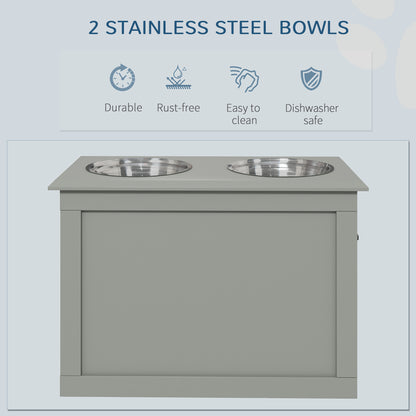 Raised Dog Bowls, with Storage, Two Stainless Steel Bowls, Elevated Base - Grey