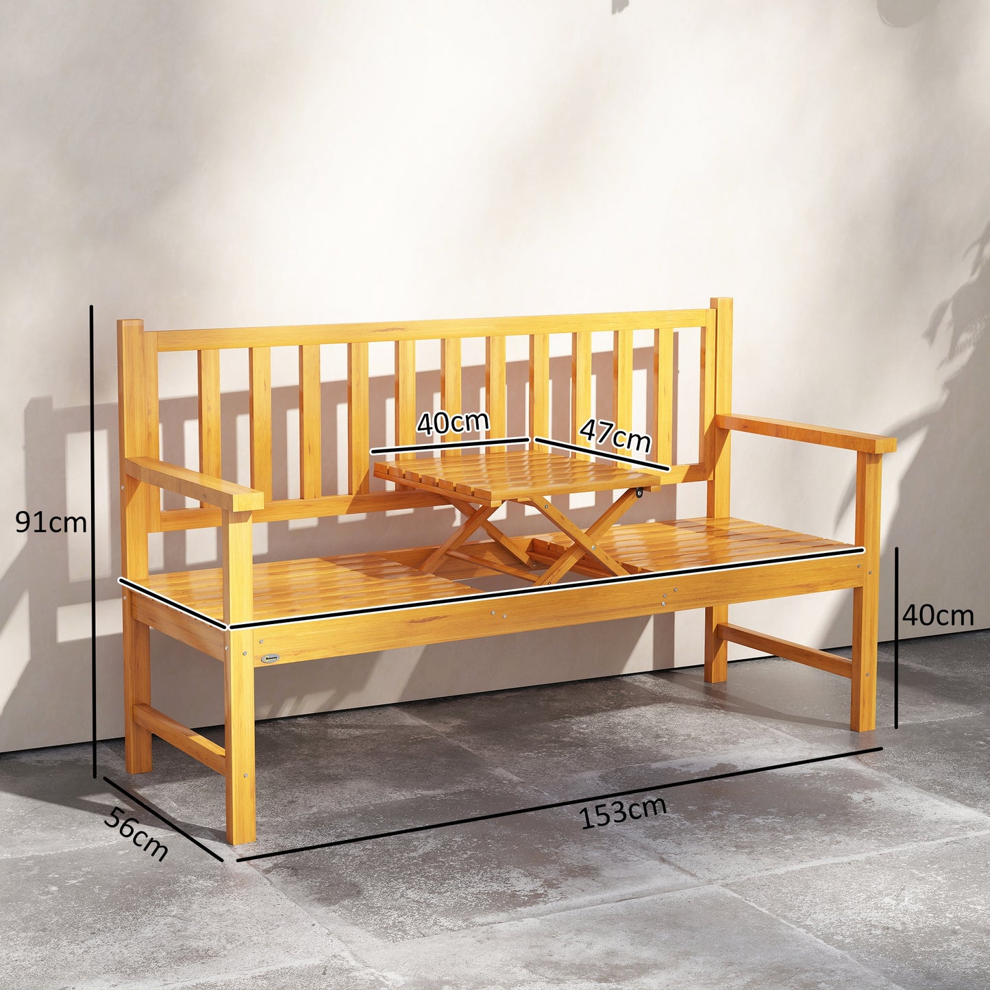 Wooden Bench with Liftable Middle Table, Outdoor Bench, Patio Loveseat for Porch, Garden, Seats 2-3 People