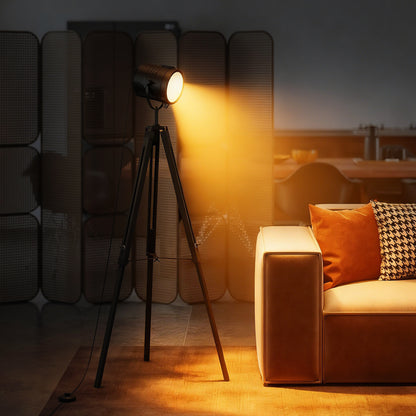 Industrial Tripod Floor Lamp, Nautical Searchlight with Adjustable Height, Wood Legs, E14 Lamp Base for Living Room, Bedroom