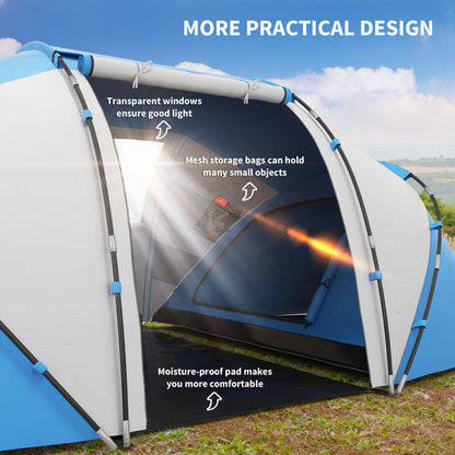 4 Man Camping Tent, UV Protection Tunnel Tent with 2 Bedrooms and Living Area, Large Hiking Sun Shelter, 430 x 240 x 170 cm